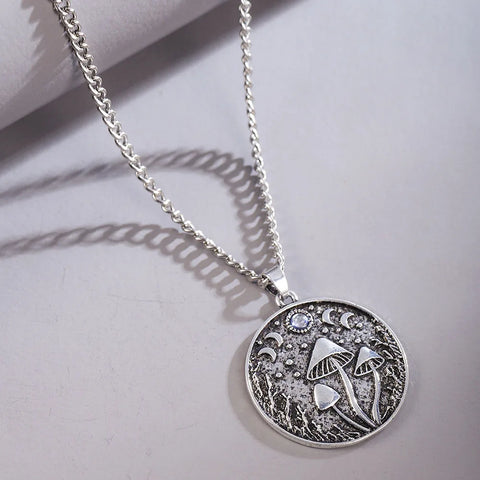 Antique Mushroom Girl Pendant Necklace - Vintage Silver Moon Chain for Women