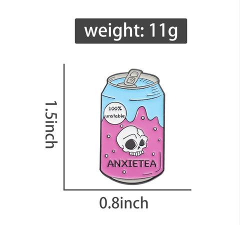 An image showing the height and width of the "Anxietea" enamel pin, providing clear dimensions for potential buyers.