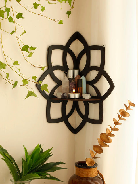 Black Wooden Lotus Crystal Corner Shelf - Witchy Wall Display for Essential Oils and Spiritual Decor