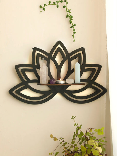 Black Wooden Lotus Crystal Corner Shelf - Witchy Wall Display for Essential Oils and Spiritual Decor