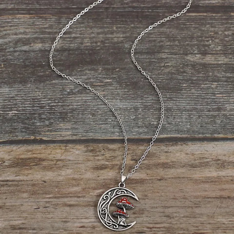 Antique Mushroom Girl Pendant Necklace - Vintage Silver Moon Chain for Women