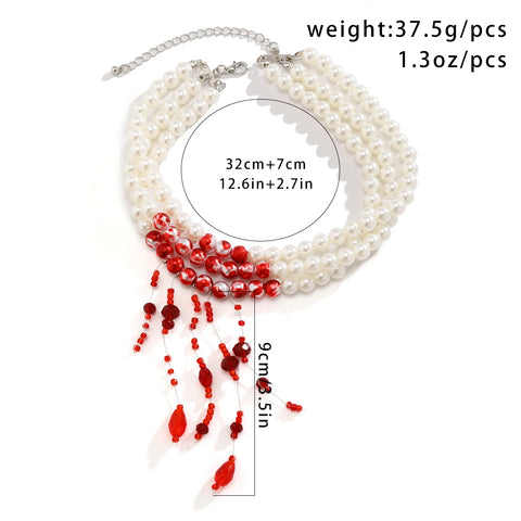 Multilayer Red Blood Tassel Pendant Necklace - Imitation Pearl Jewelry