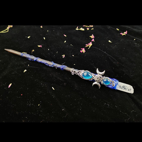 Witch Wand with Triple Moon Design - Crystal Quartz Fairy Altar Tool for Spells