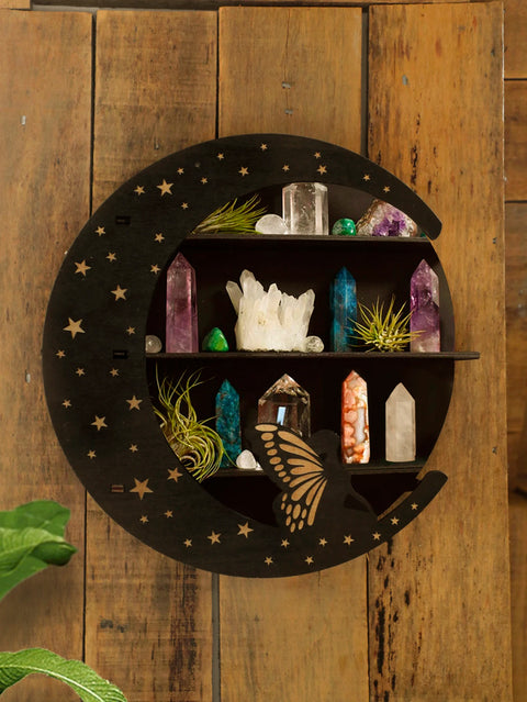 Wooden Moon Face Display Shelf - Boho Wall Decor and Crystal Holder