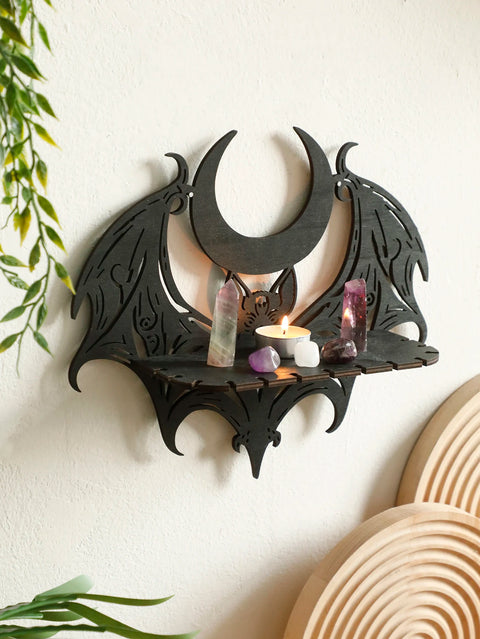 Black Bat Moon Wooden Wall Shelf - Floating Shelf for Crystals and Decor