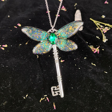 Goddess Crystal Witch Key Necklace - Butterfly & Cicada Wing Occult Fairy Protection Jewelry