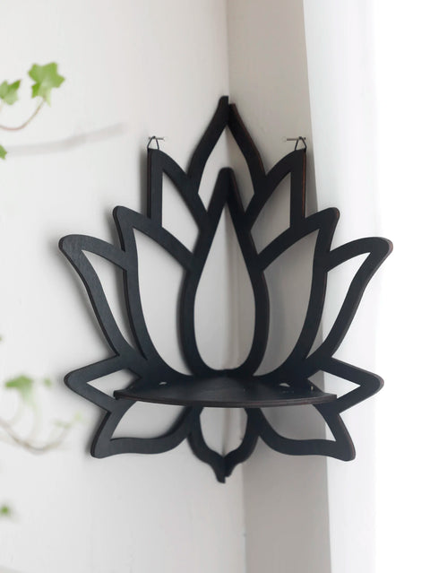 Black Wooden Lotus Crystal Corner Shelf - Witchy Wall Display for Essential Oils and Spiritual Decor