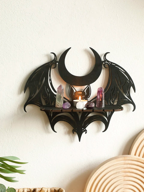 Black Bat Moon Wooden Wall Shelf - Floating Shelf for Crystals and Decor