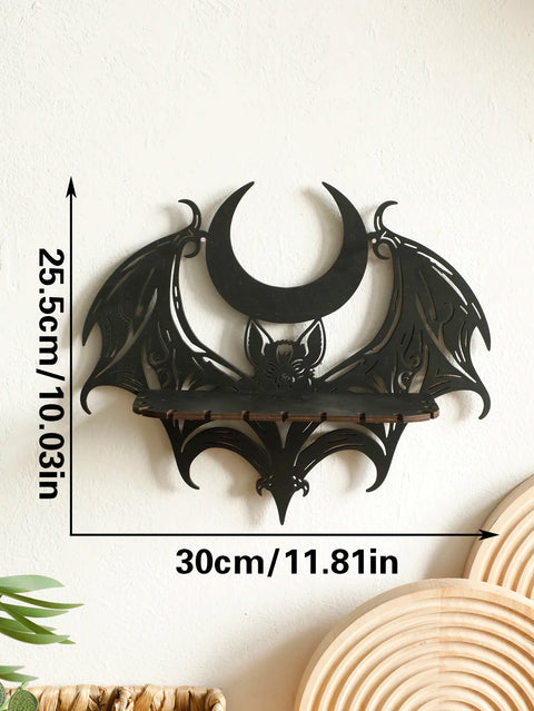 Black Bat Moon Wooden Wall Shelf - Floating Shelf for Crystals and Decor