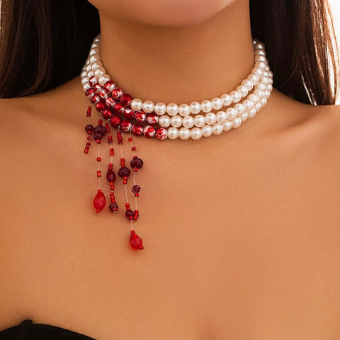 Multilayer Red Blood Tassel Pendant Necklace - Imitation Pearl Jewelry