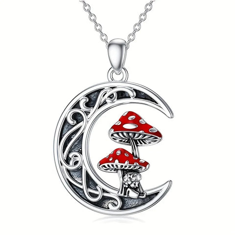 Antique Mushroom Girl Pendant Necklace - Vintage Silver Moon Chain for Women