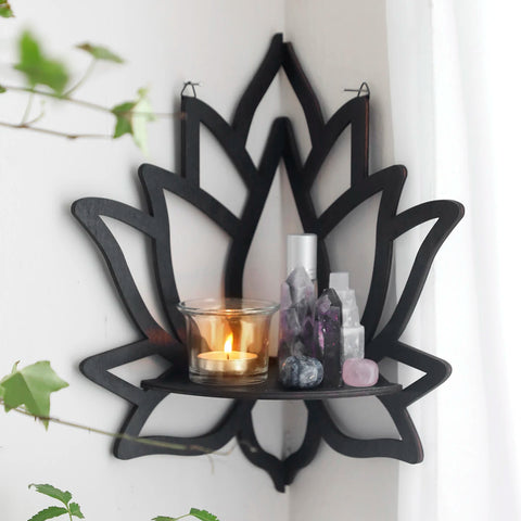 Black Wooden Lotus Crystal Corner Shelf - Witchy Wall Display for Essential Oils and Spiritual Decor