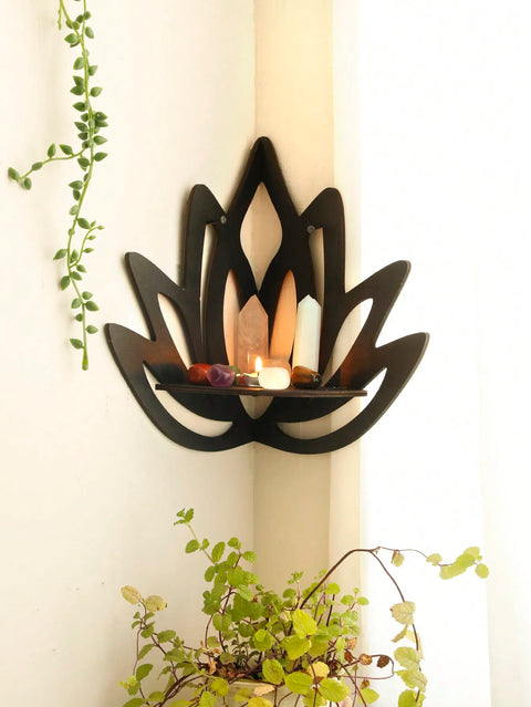 Black Wooden Lotus Crystal Corner Shelf - Witchy Wall Display for Essential Oils and Spiritual Decor