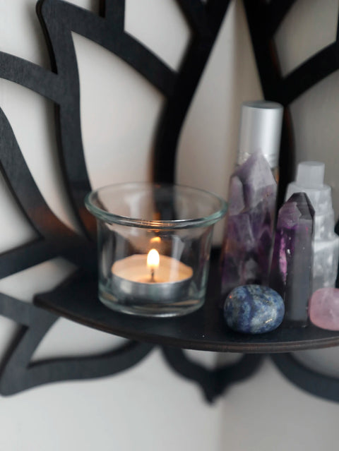 Black Wooden Lotus Crystal Corner Shelf - Witchy Wall Display for Essential Oils and Spiritual Decor