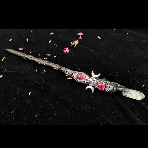 Witch Wand with Triple Moon Design - Crystal Quartz Fairy Altar Tool for Spells