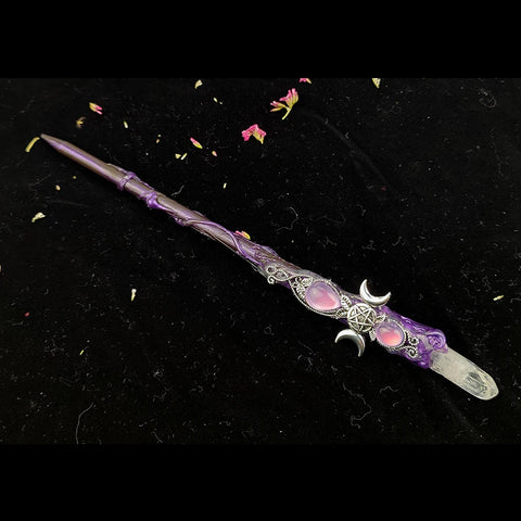 Witch Wand with Triple Moon Design - Crystal Quartz Fairy Altar Tool for Spells