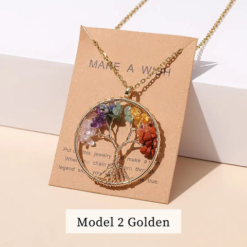 7 Chakras Tree of Life Pendant Necklace – Gold Wisdom Reiki Healing Jewelry