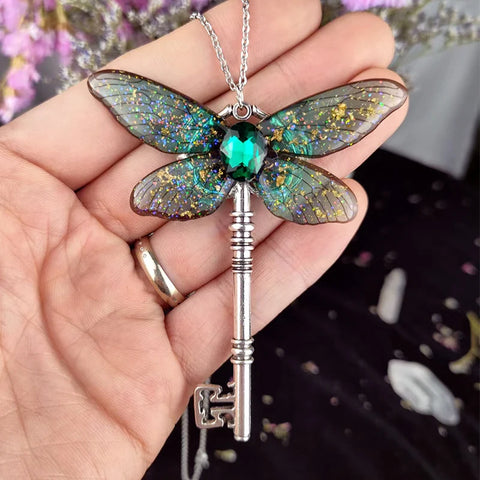 Goddess Crystal Witch Key Necklace - Butterfly & Cicada Wing Occult Fairy Protection Jewelry