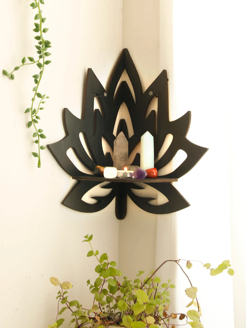 Black Wooden Lotus Crystal Corner Shelf - Witchy Wall Display for Essential Oils and Spiritual Decor