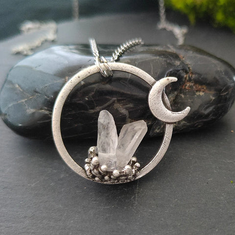 Crescent Moon Quartz Pendant Necklace – Witchy Pagan Occult Jewelry