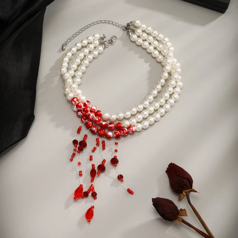 Multilayer Red Blood Tassel Pendant Necklace - Imitation Pearl Jewelry