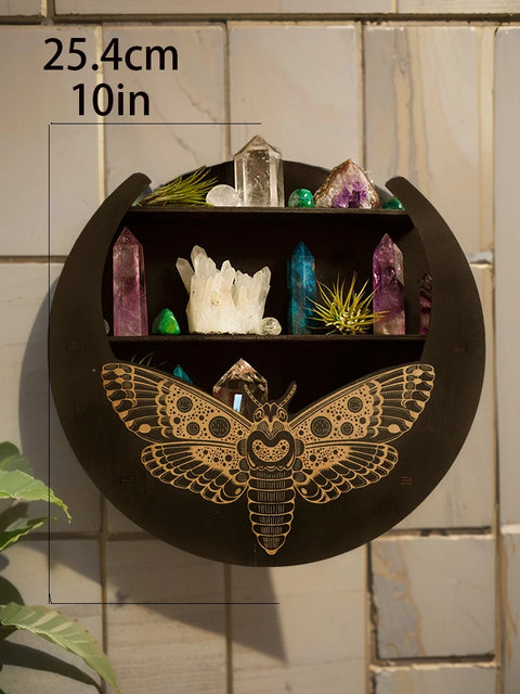 Wooden Moon Face Display Shelf - Boho Wall Decor and Crystal Holder