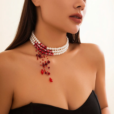 Multilayer Red Blood Tassel Pendant Necklace - Imitation Pearl Jewelry