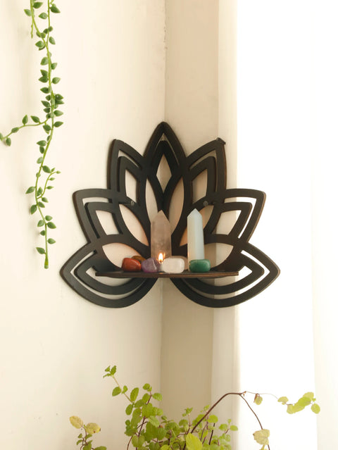 Black Wooden Lotus Crystal Corner Shelf - Witchy Wall Display for Essential Oils and Spiritual Decor