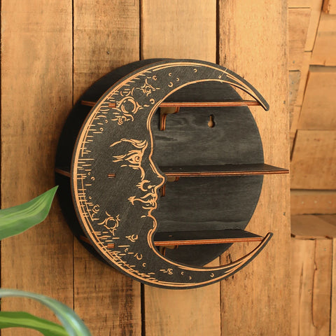 Wooden Moon Face Display Shelf - Boho Wall Decor and Crystal Holder