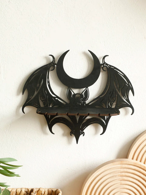 Black Bat Moon Wooden Wall Shelf - Floating Shelf for Crystals and Decor