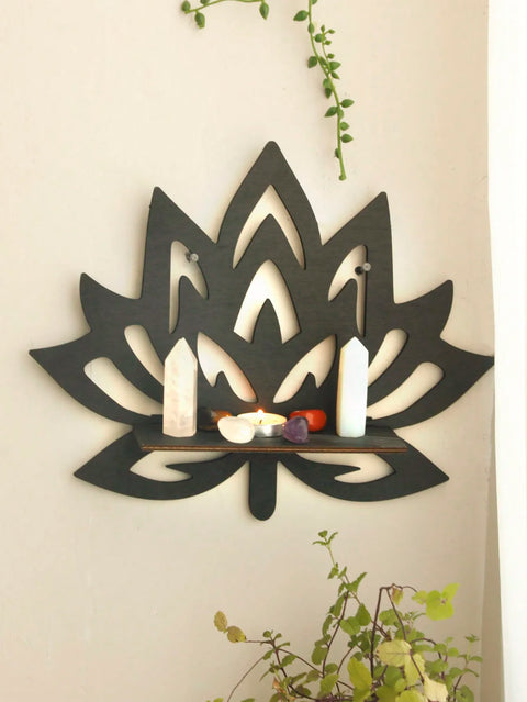 Black Wooden Lotus Crystal Corner Shelf - Witchy Wall Display for Essential Oils and Spiritual Decor