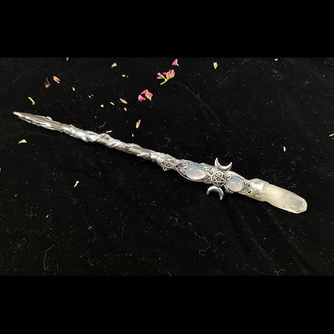 Witch Wand with Triple Moon Design - Crystal Quartz Fairy Altar Tool for Spells