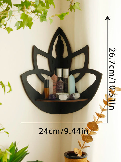 Black Wooden Lotus Crystal Corner Shelf - Witchy Wall Display for Essential Oils and Spiritual Decor