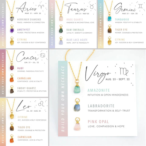 12 Zodiac Birthstone Necklace Set – Stainless Steel Natural Stone Crystal Jewelry