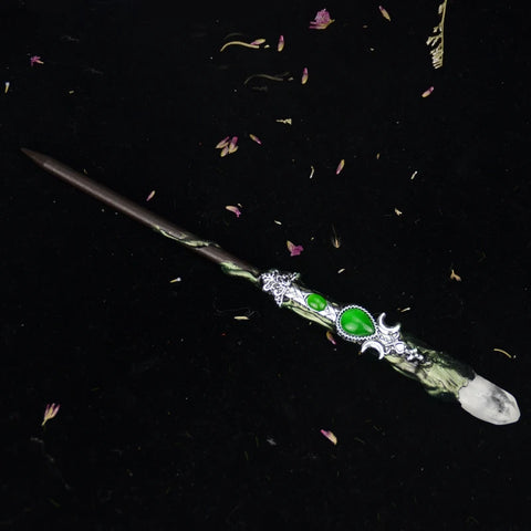 Witch Wand with Triple Moon Design - Crystal Quartz Fairy Altar Tool for Spells