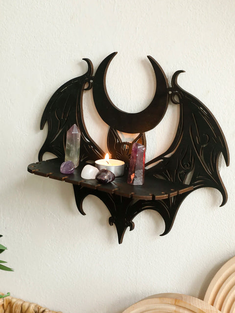 Black Bat Moon Wooden Wall Shelf - Floating Shelf for Crystals and Decor