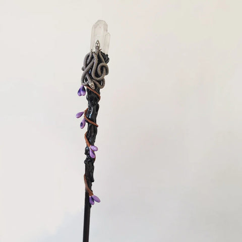 Witch Wand with Triple Moon Design - Crystal Quartz Fairy Altar Tool for Spells