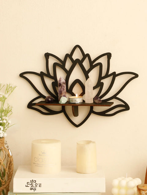 Black Wooden Lotus Crystal Corner Shelf - Witchy Wall Display for Essential Oils and Spiritual Decor