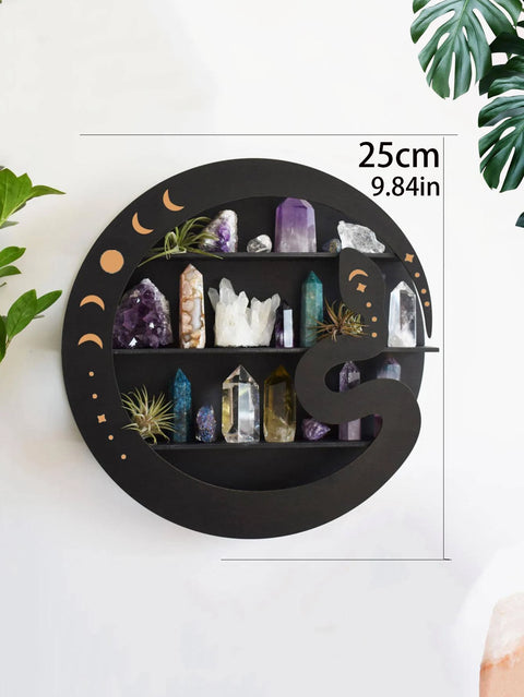 Wooden Moon Face Display Shelf - Boho Wall Decor and Crystal Holder